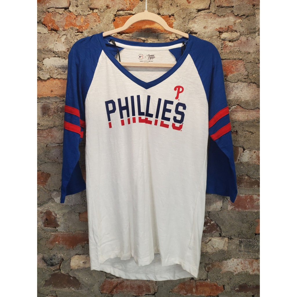MLB Phillies Genuine Womens Raglan T Shirt M V Neck 3/4 Sleeve White Blue Red