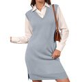 Womens M Light Blue V Neck Sleeveless Knit Pullover Sweater Dress Ribbed Hem