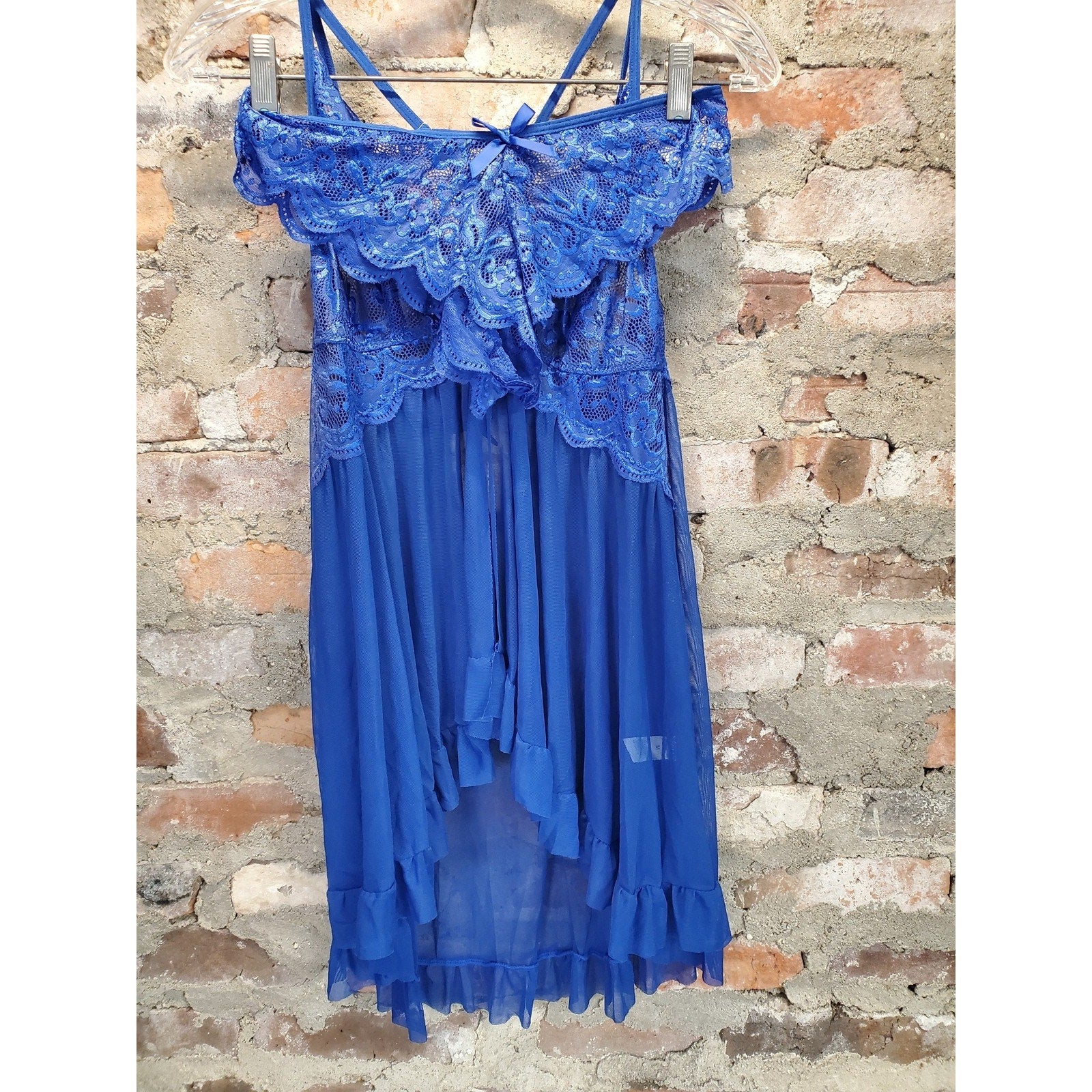 Donnalla Womens Babydoll Lingerie Set M Royal Blue Lace Sheer Nightwear Thong