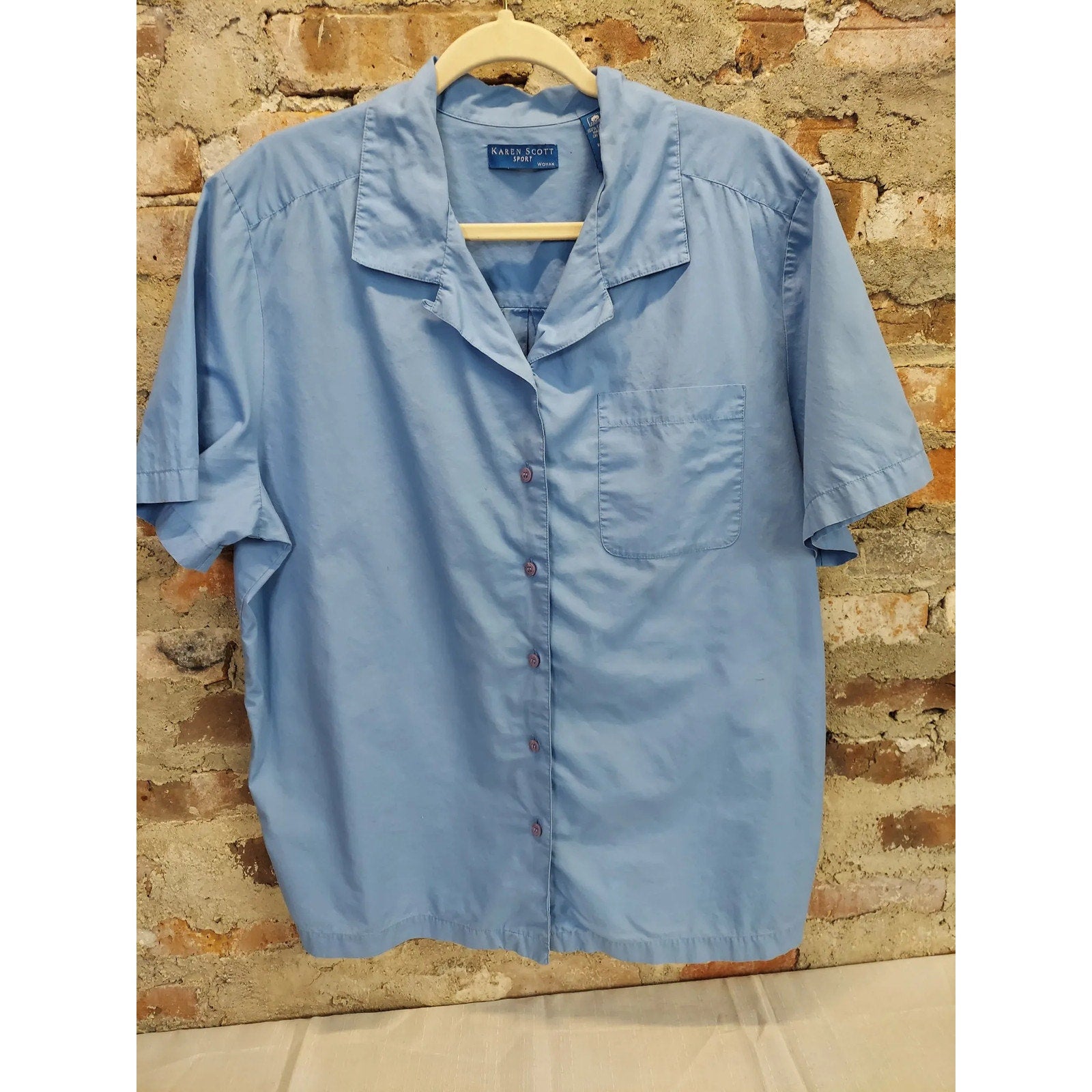 Karen Scott Sport Womens Button Up Shirt Blouse 1X Blue Cotton Short Sleeve