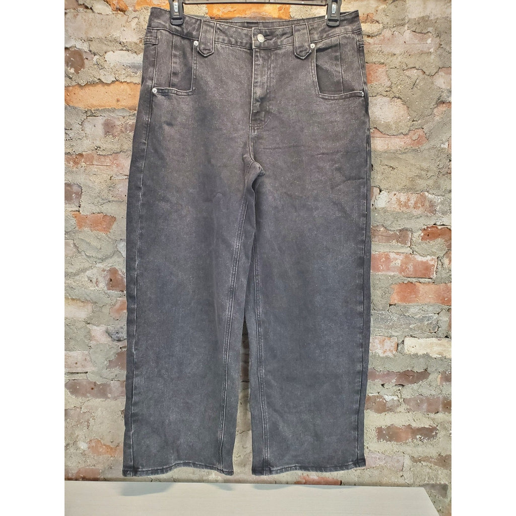 Hottie Womens Wide Leg Jeans L Washed Black High Waist Denim NWT Pants