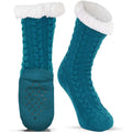 Luthra Pike Womens Slipper Socks Teal Cable Knit Sherpa Lined Non Slip Gripper