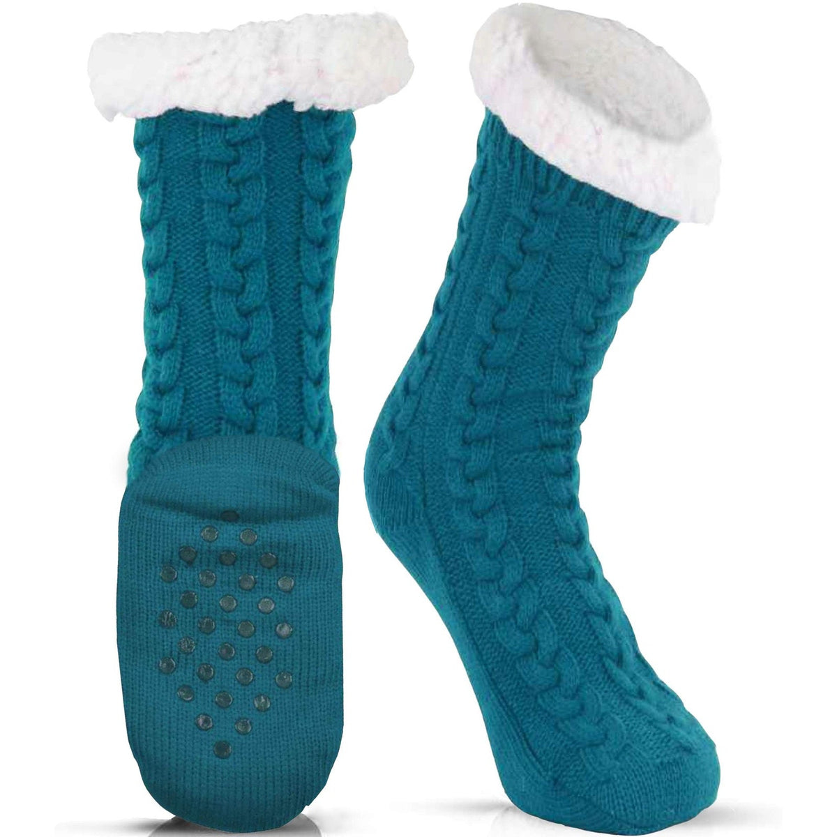 Luthra Pike Womens Slipper Socks Teal Cable Knit Sherpa Lined Non Slip Gripper