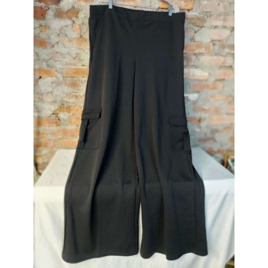 Daisy Womens Black Cargo Wide Leg Pants 3X Elastic Waist Polyester Spandex