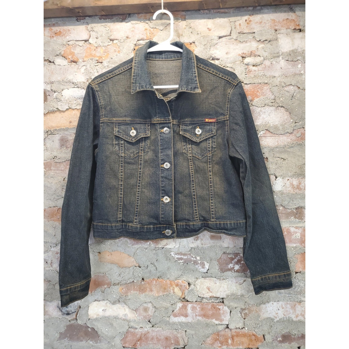 JUST USA Womens Denim Jean Jacket L Large Dark Wash Distressed Stretch Cropped