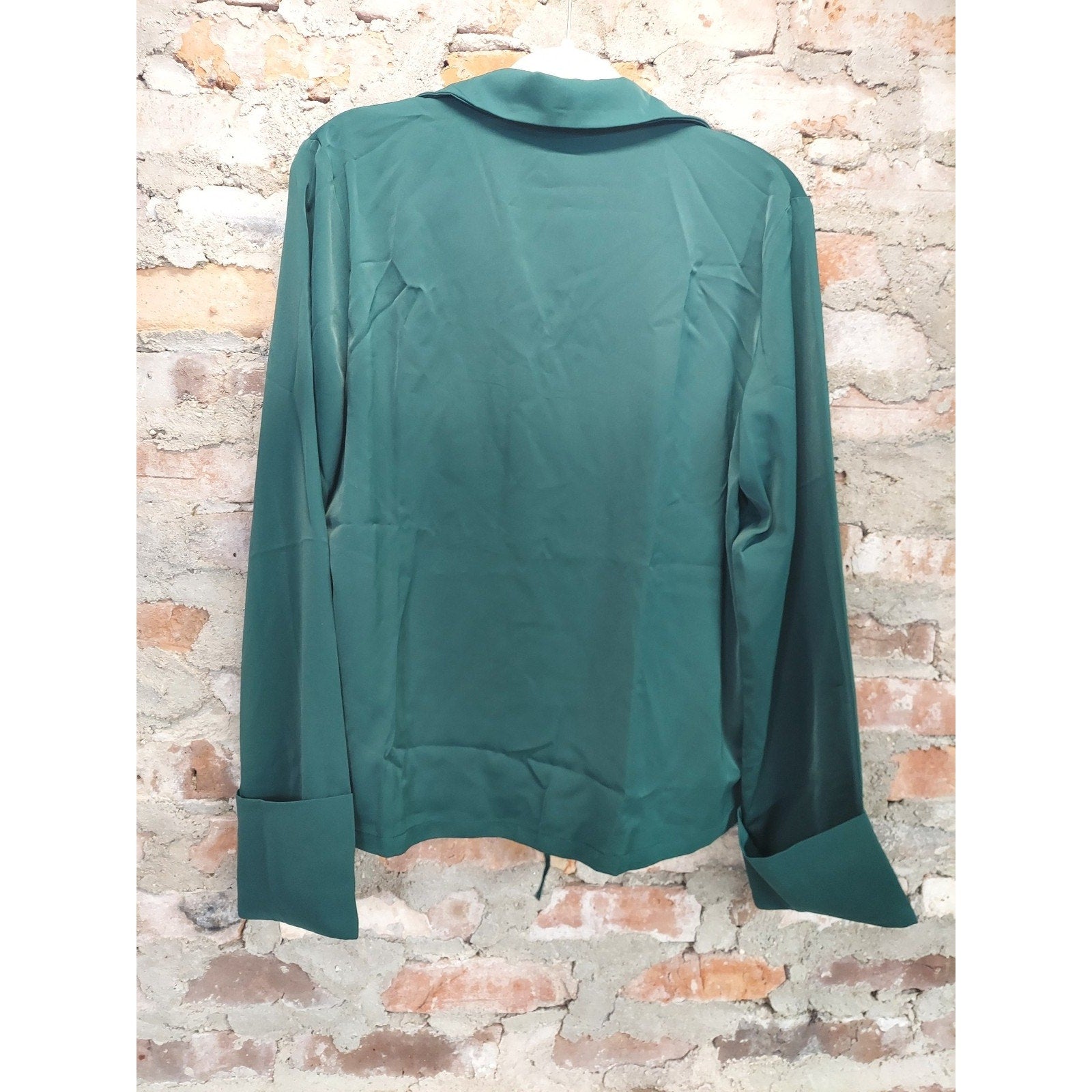 Womens XL Blouse Emerald Green Tie Front Long Sleeve Collared Shirt Polyester
