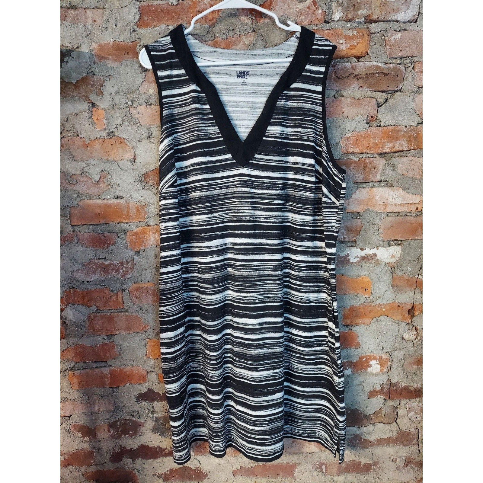 Lands' End Womens Sleeveless Tunic Dress 1X 16W-18W Black White Swim Cover Up