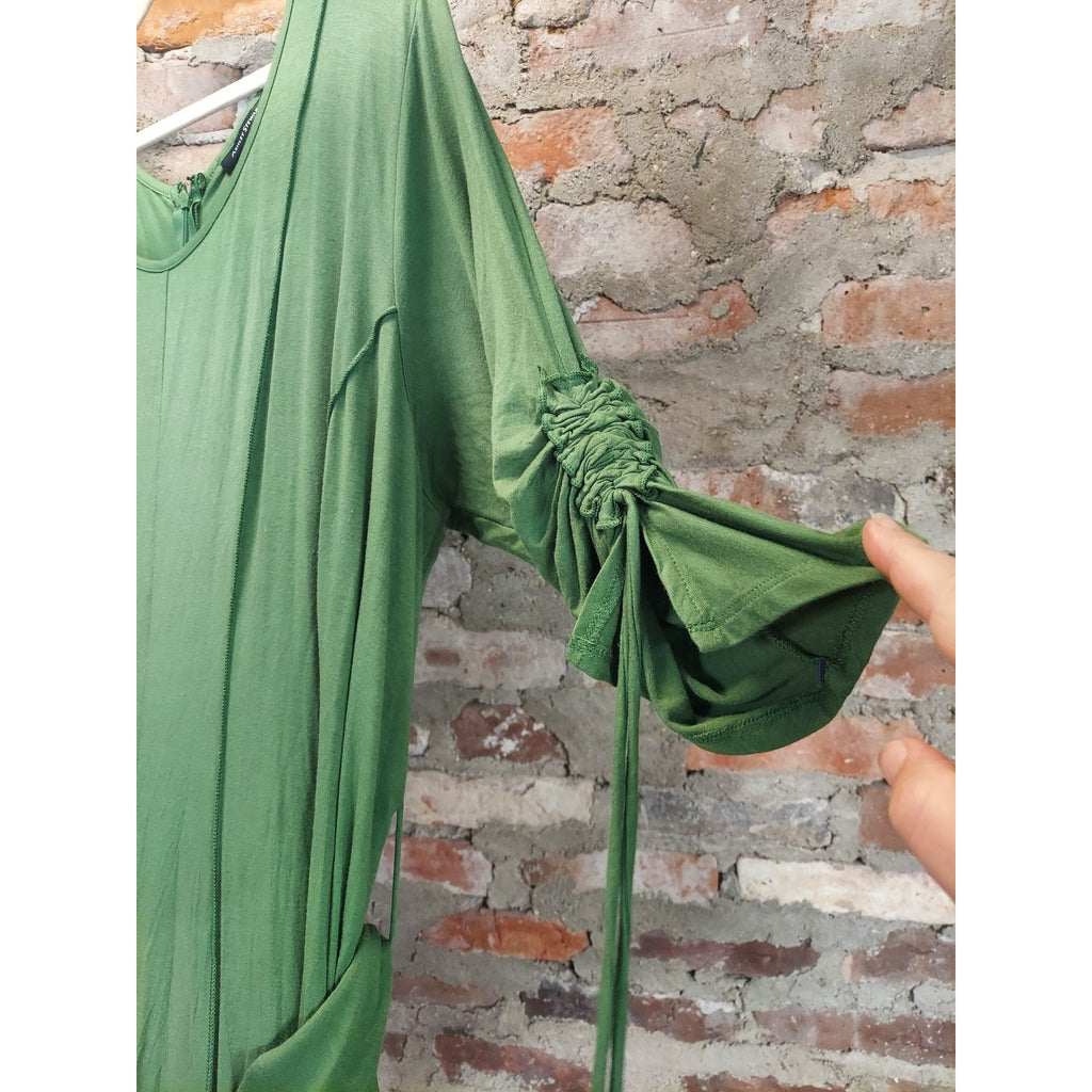 Ashley Stewart Womens Dress 22/24W Green Belted Ruched Sleeve Maxi Rayon