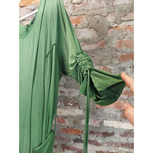 Ashley Stewart Womens Dress 22/24W Green Belted Ruched Sleeve Maxi Rayon
