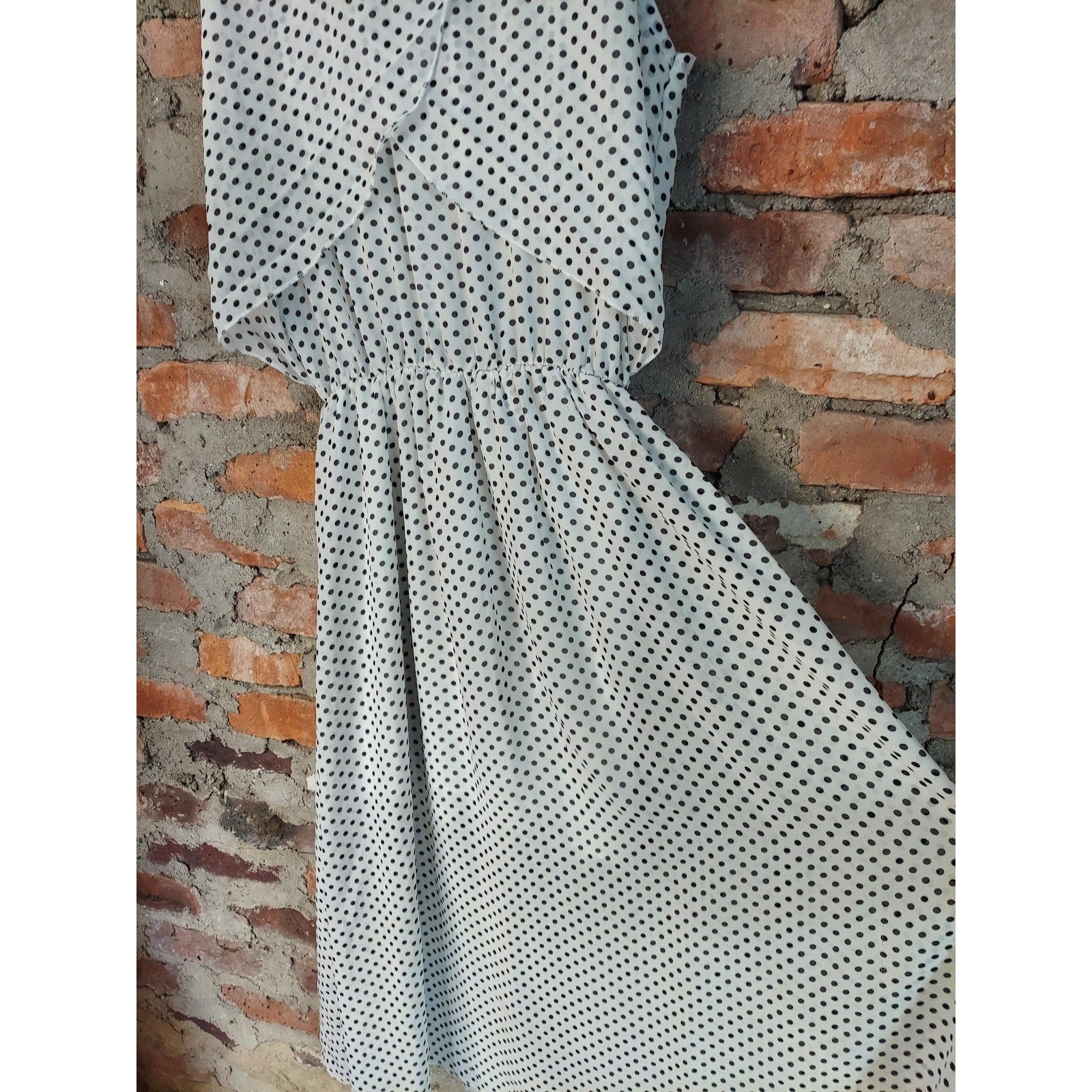 Wei yi mei Womens Maxi Dress XXL Black White Polka Dot Sleeveless Elastic Waist