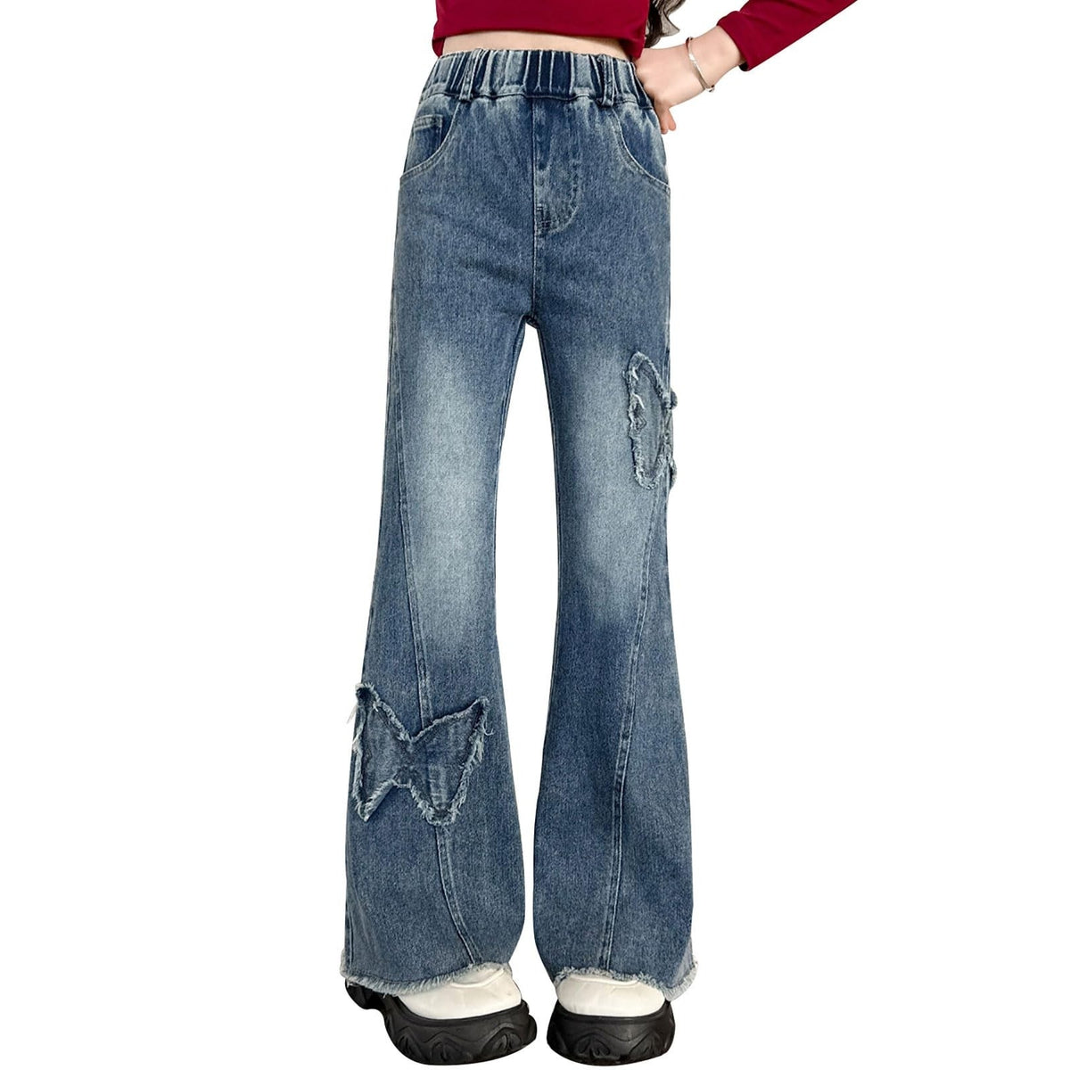 AOWKULAE Girls Flare Jeans 10-11 Years Blue Wash Distressed Ripped Butterfly