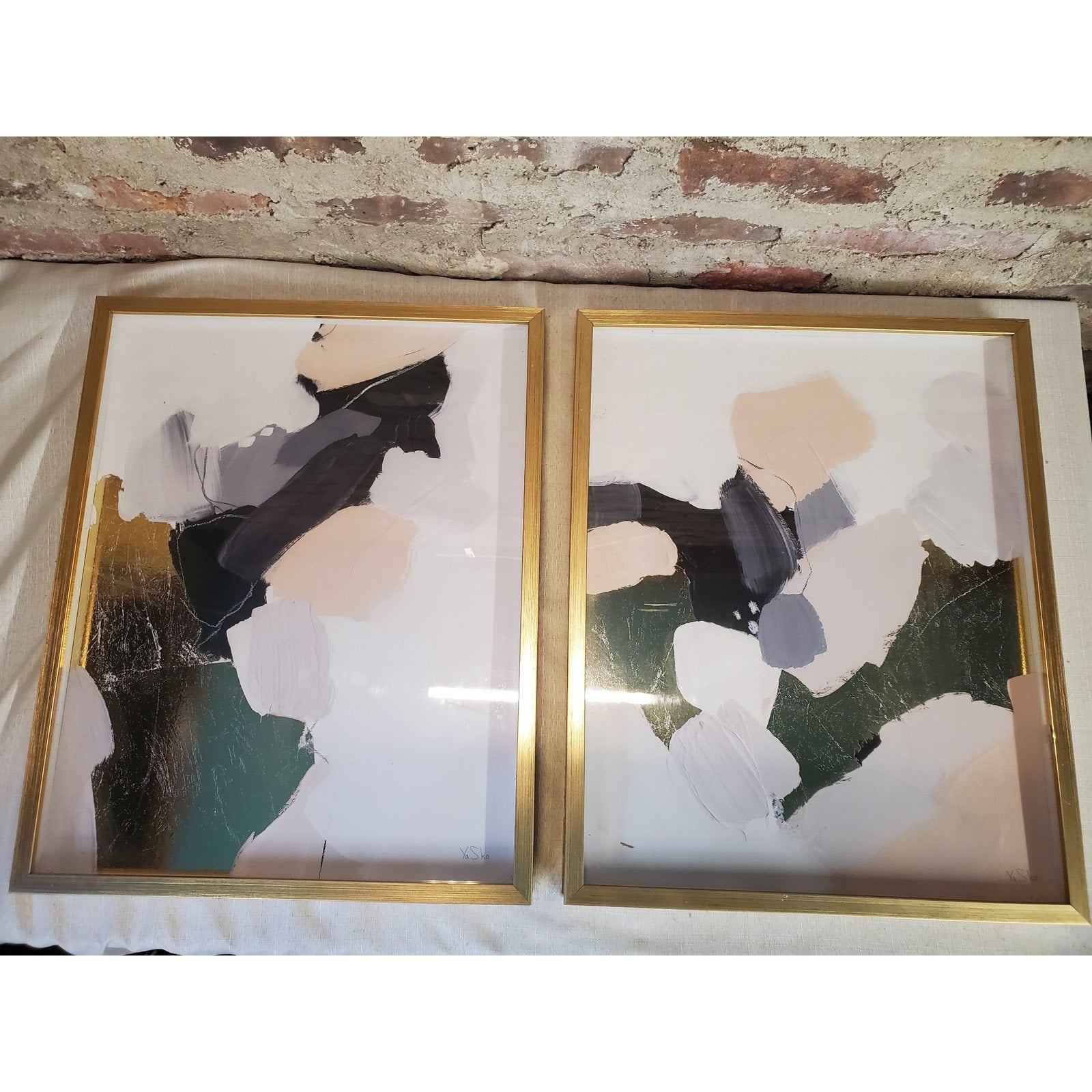 Abstract Framed Wall Art Set 2 Modern Gold Leaf Metallic White Gray Green Peach