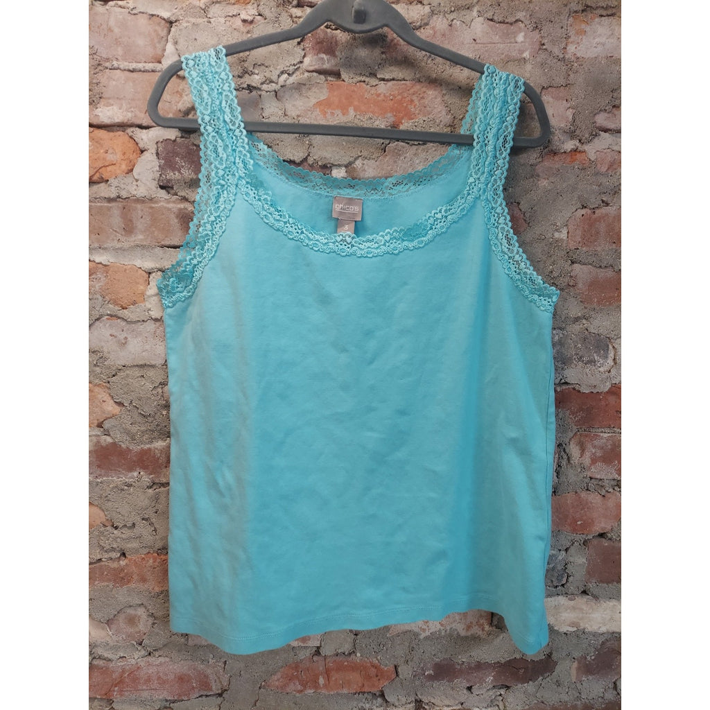 Chico's Womens Tank Top Size 3 Turquoise Lace Trim Cami Knit Shirt