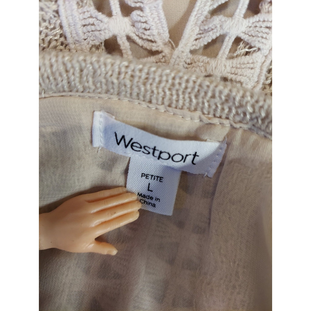 Westport Womens Petite L Beige Knit Short Sleeve Sweater Layered Back Detail