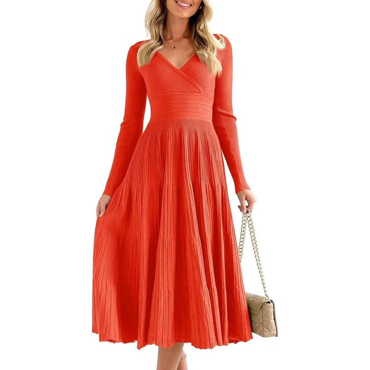 Sandinaiu Womens Long Sleeve Midi Dress M Orange Ribbed Knit Pleated Wrap V Neck