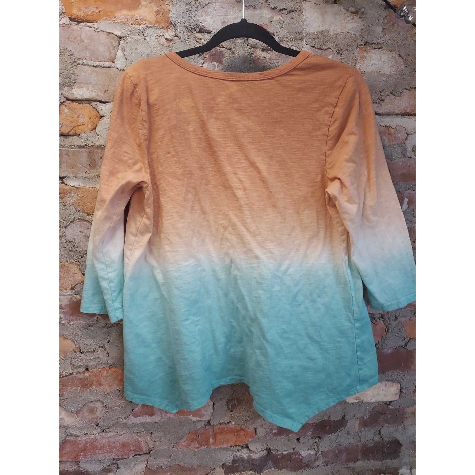Seven7 Womens Medium 3/4 Sleeve Top Orange Teal Ombre Dip Dye High Low Hem Scoop
