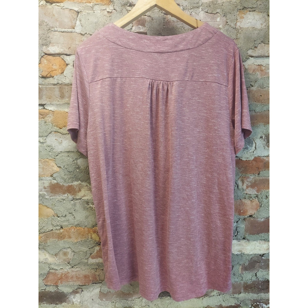 Womens Rose Pink Top 2XL Short Sleeve V Neck Button Front Gathered Detail
