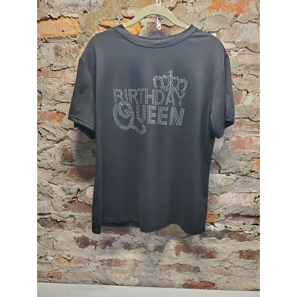 Chicme Womens Birthday Queen T Shirt Size 2XL Black Rhinestone Bling Graphic