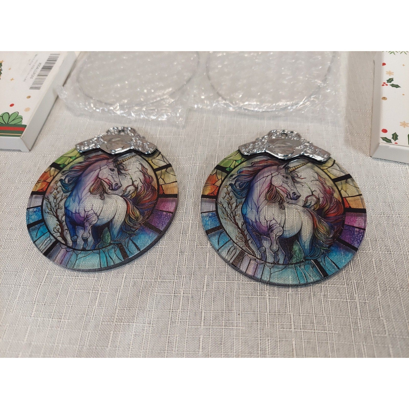 Unicorn Stained Glass Style Christmas Ornaments Set of 2 Fantasy Hanging Decor