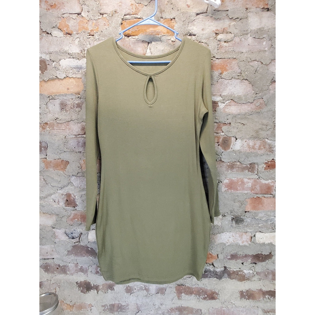 Womens Long Sleeve Dress L Olive Green Keyhole Neckline Polyester Spandex