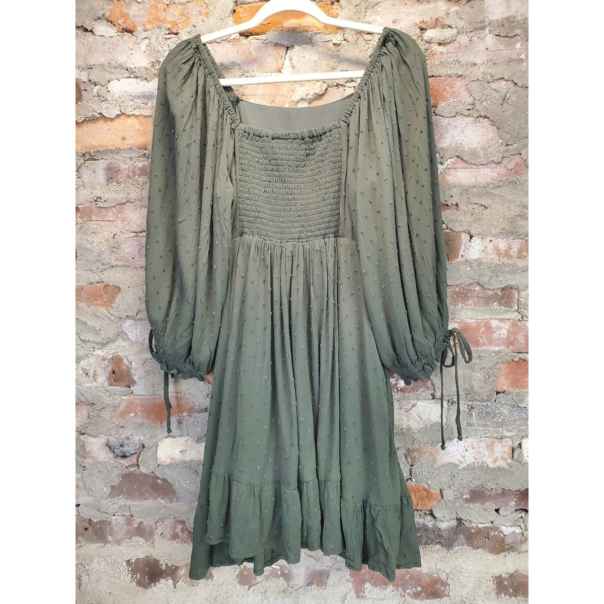 City Chic Womens Dress XXS Olive Green Long Sleeve Square Neck Ruffle Tiered