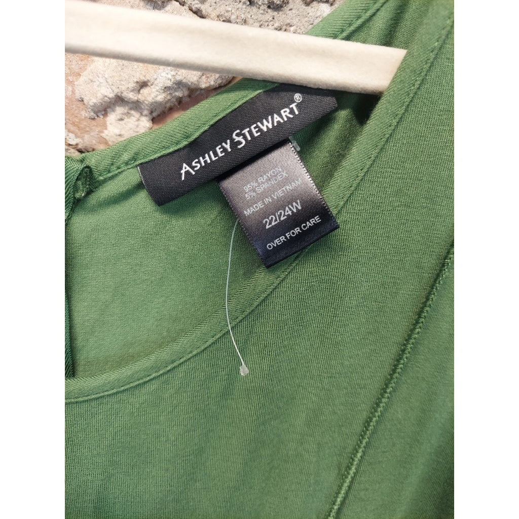 Ashley Stewart Womens Dress 22/24W Green Belted Ruched Sleeve Maxi Rayon