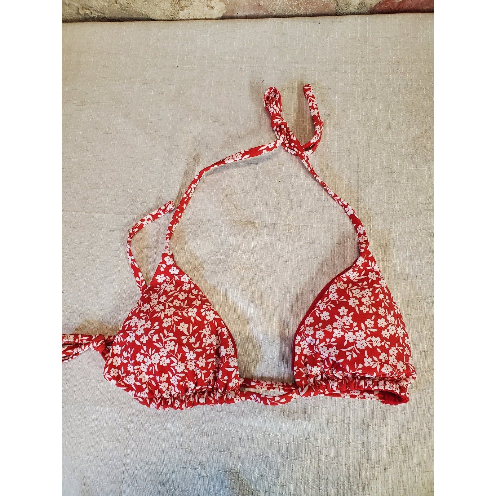 BERLOOK Womens Bikini Top XS Red White Floral Triangle Halter Tie Swim