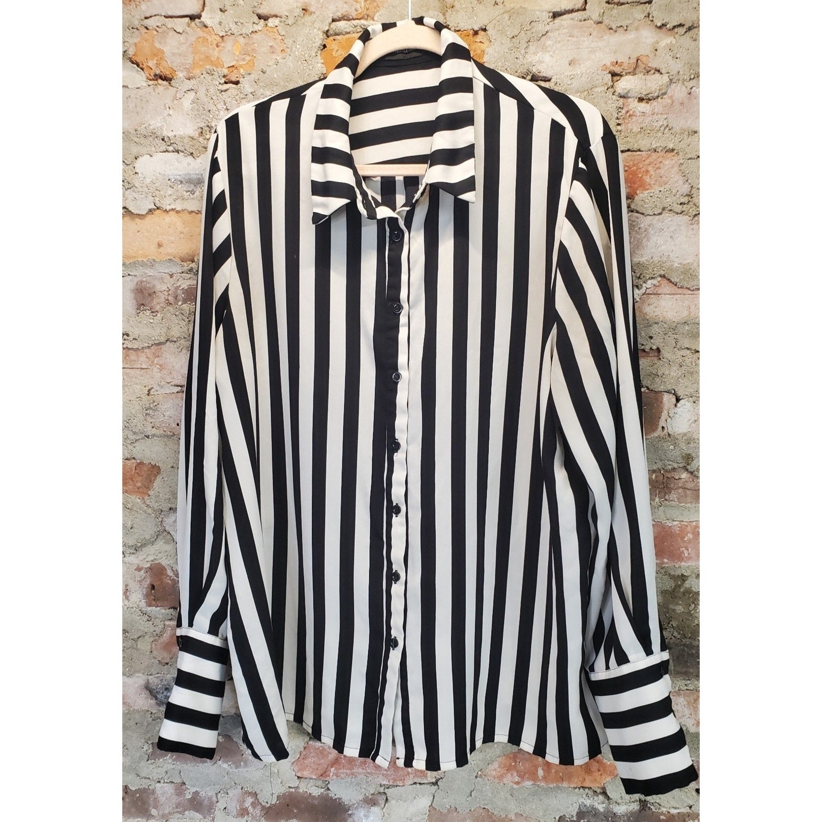 PRETTYLITTLETHING Womens Blouse ONE SIZE Black White Striped Long Sleeve
