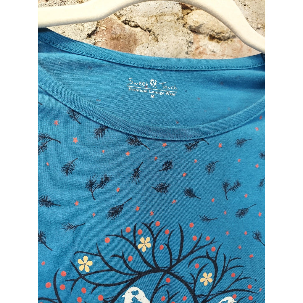 Sweet Touch Womens Long Sleeve Top M Teal Blue Bird Floral Print Lounge Wear