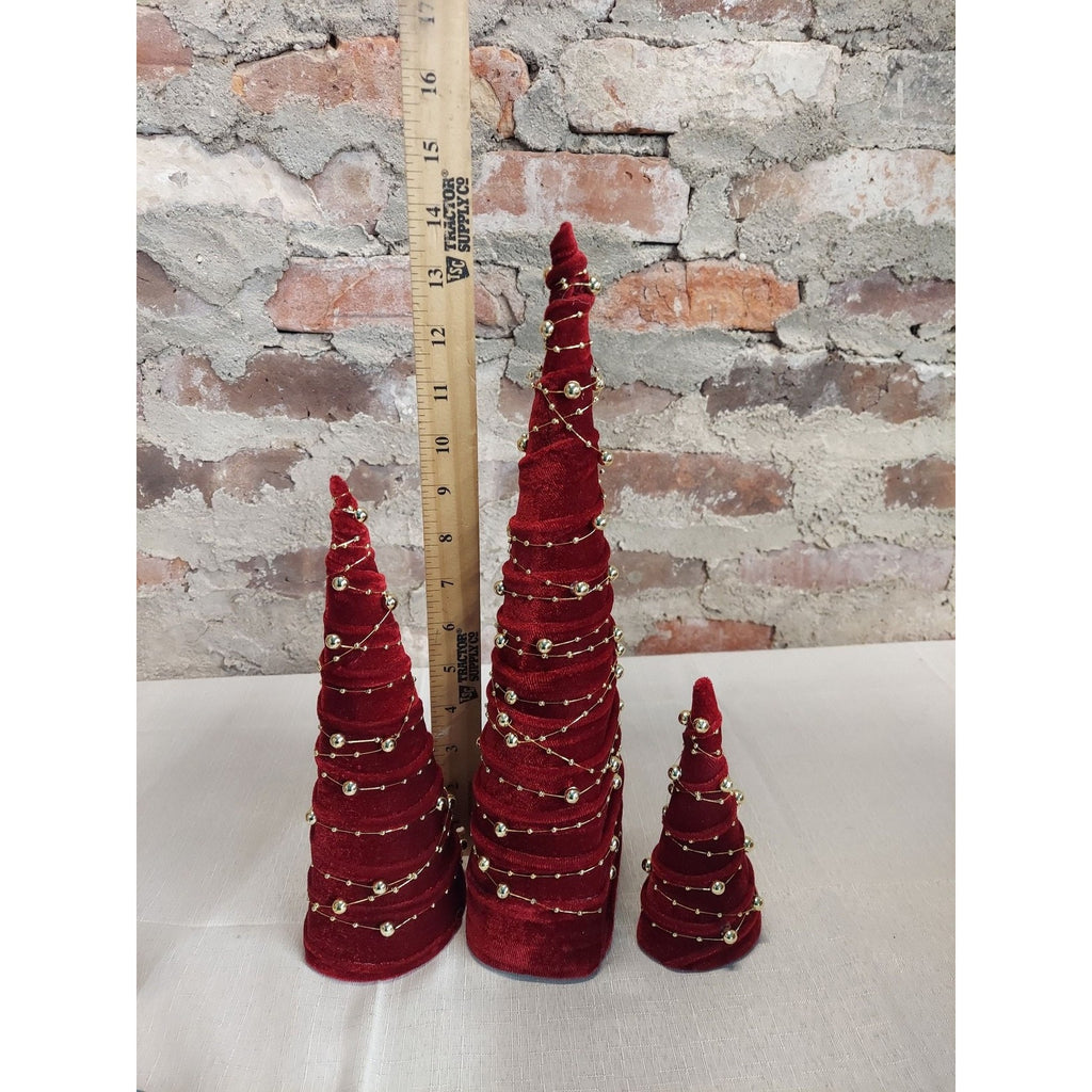 Set of 3 Red Velvet Christmas Cone Trees Tabletop Holiday Mantle Decor 16 Inch