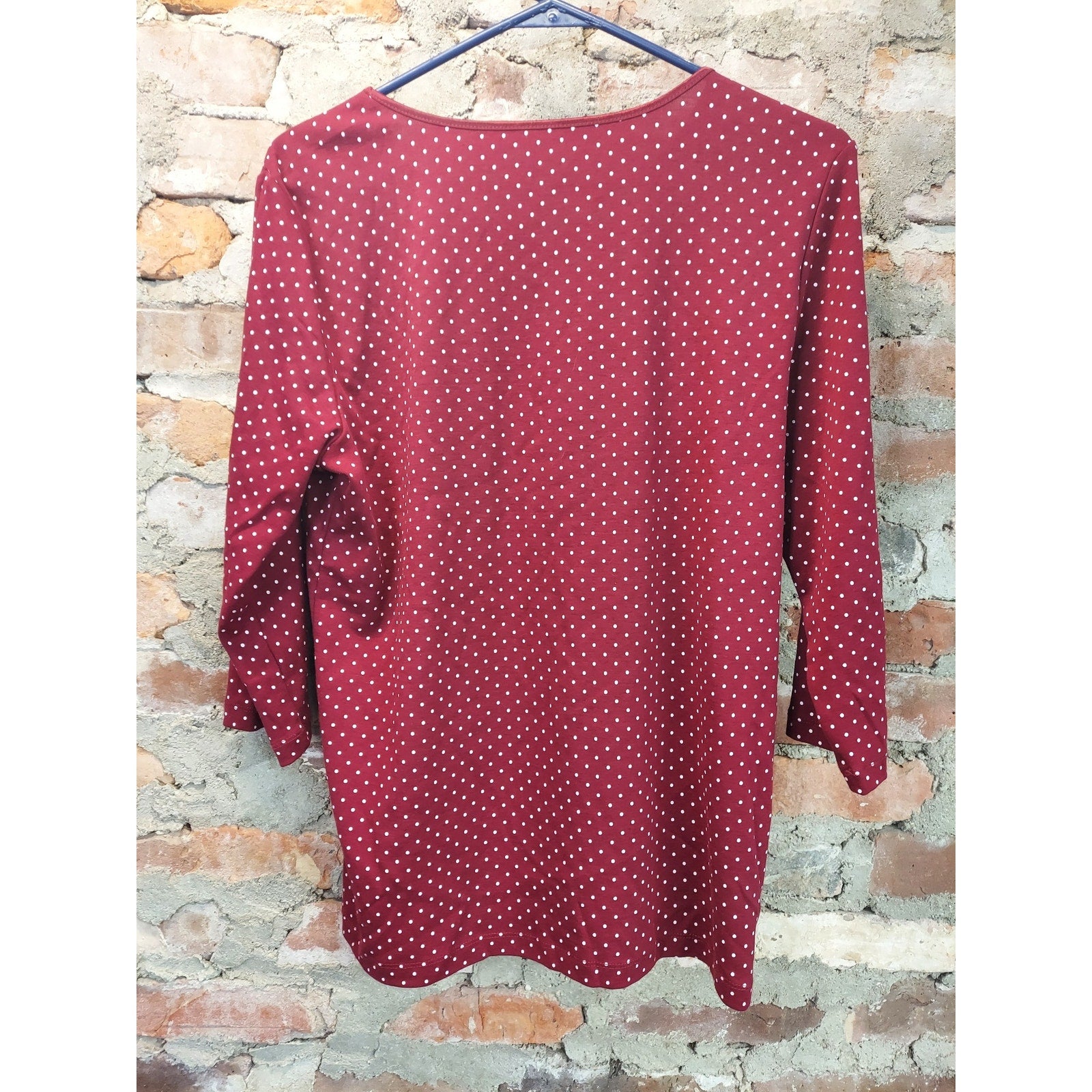 Christopher & Banks Womens Large L Maroon Polka Dot 3/4 Sleeve Cotton Top