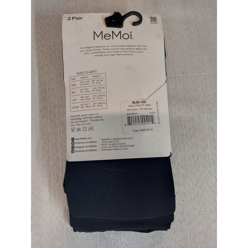 MeMoi Womens Opaque Tights Hosiery Control Top Q1/Q2 Black 2 Pair Plus Size