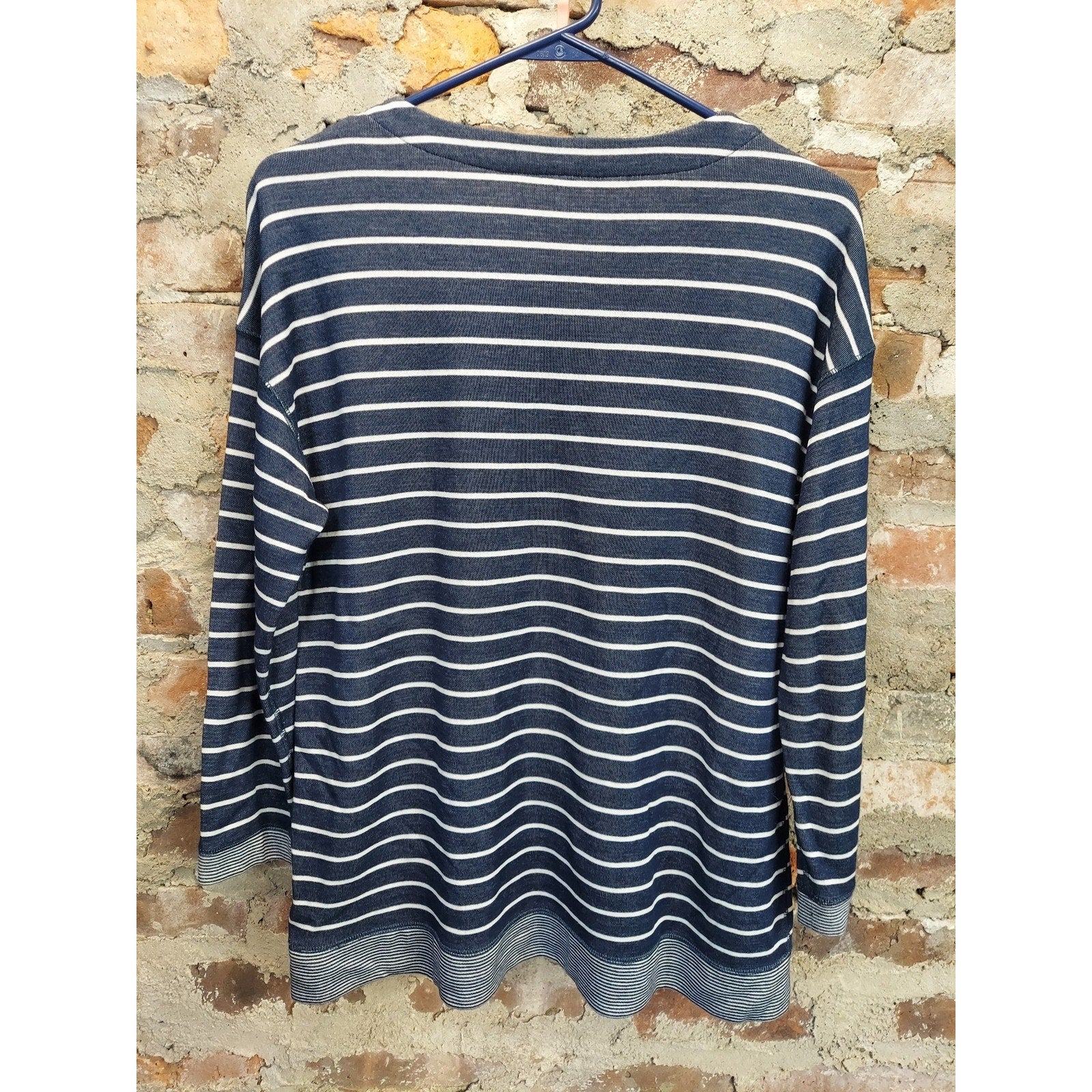 Lands End Pullover Sweater Navy White Striped 3/4 Sleeve Boat Neck Knit