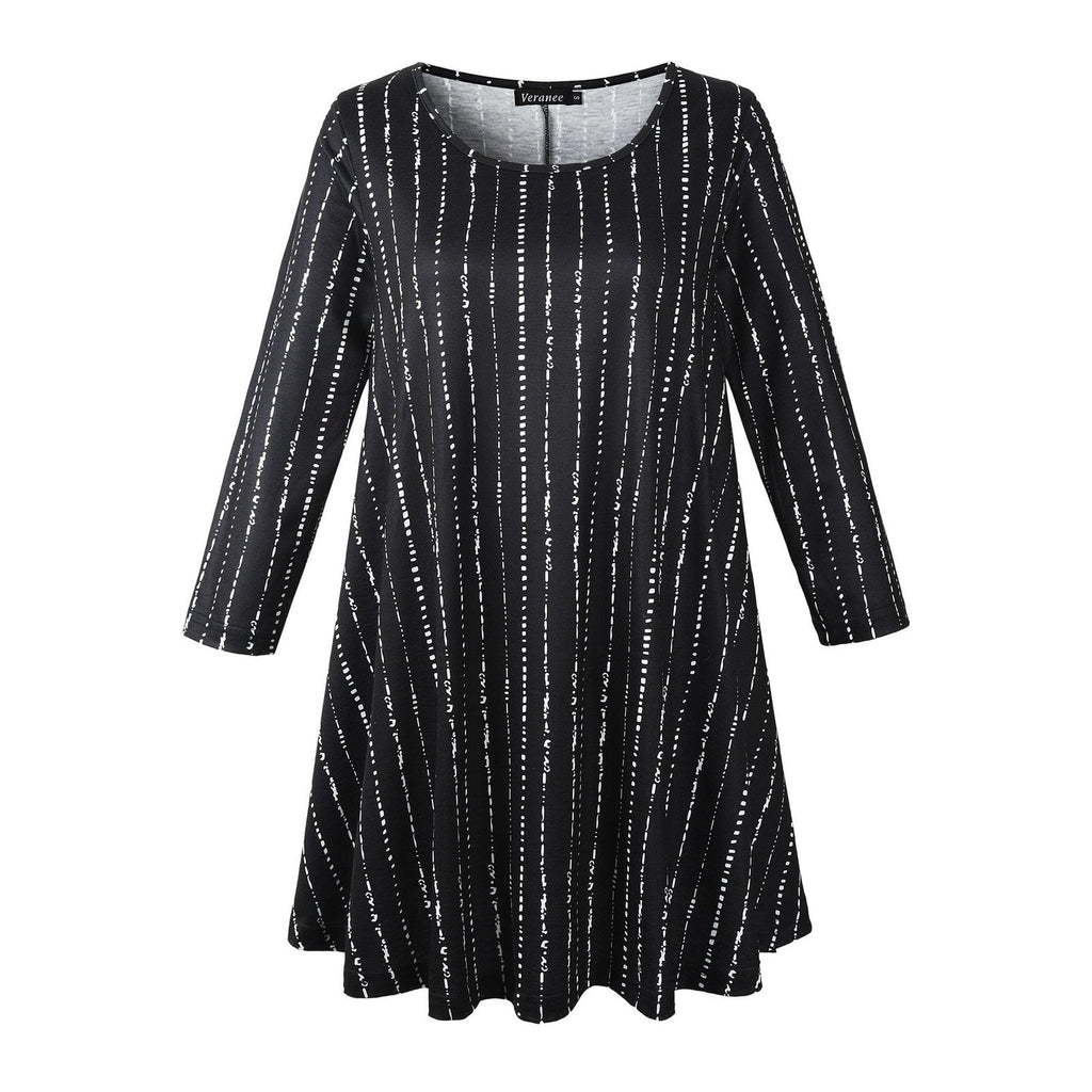 Veranee Womens Tunic Dress XXL Black White Long Sleeve Striped Swing A Line