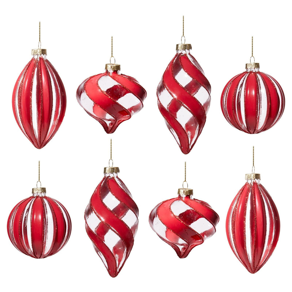 Christmas Ornaments Set of 8 Red Clear Glitter Glass Swirl Stripe Holiday Tree