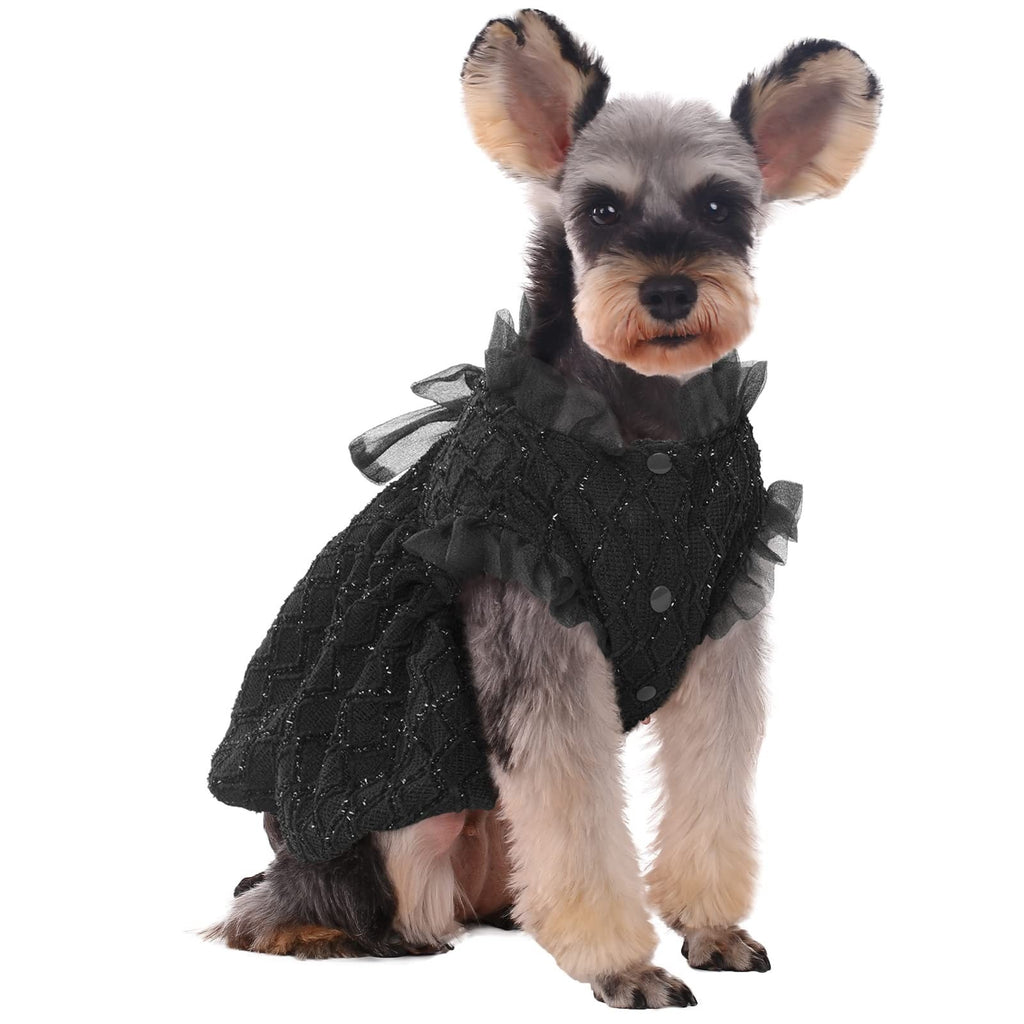 Oser Dog Dress Black Knitted Ruffle Sparkle Bow Puppy Small Pet Clothes