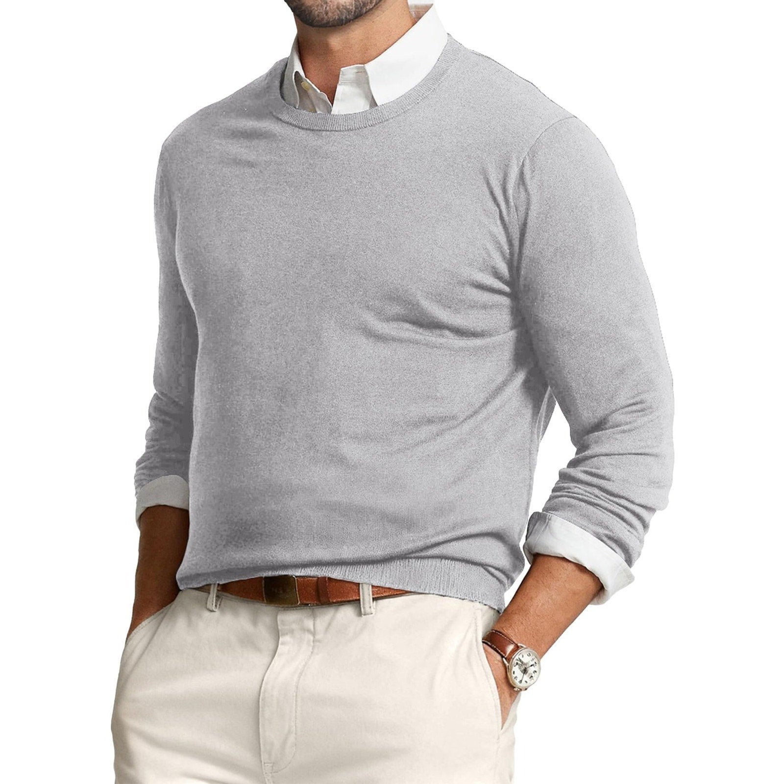 RJMIERR Mens Sweater Crewneck L Light Gray 100% Cotton Long Sleeve Pullover