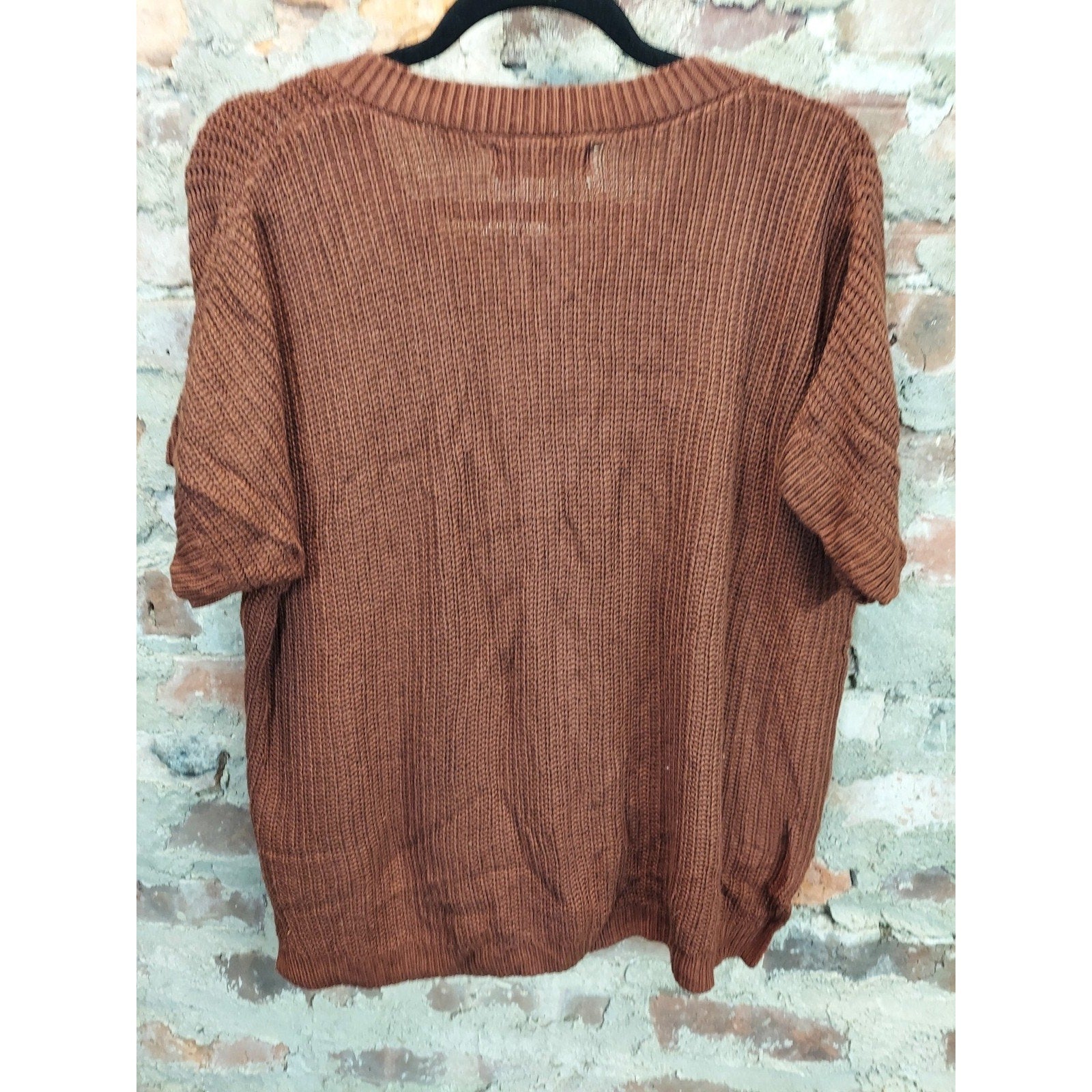 DOKOTOO Womens Short Sleeve V Neck Sweater XL Rust Knit Chest Pocket Viscose