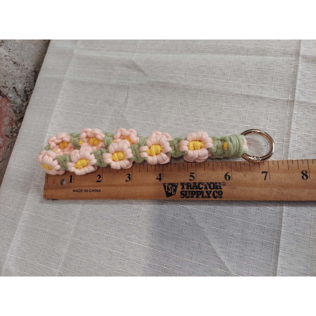 Macrame Flower Daisy Keychain Wristlet Lanyard Handmade Bag Charm Pink Green