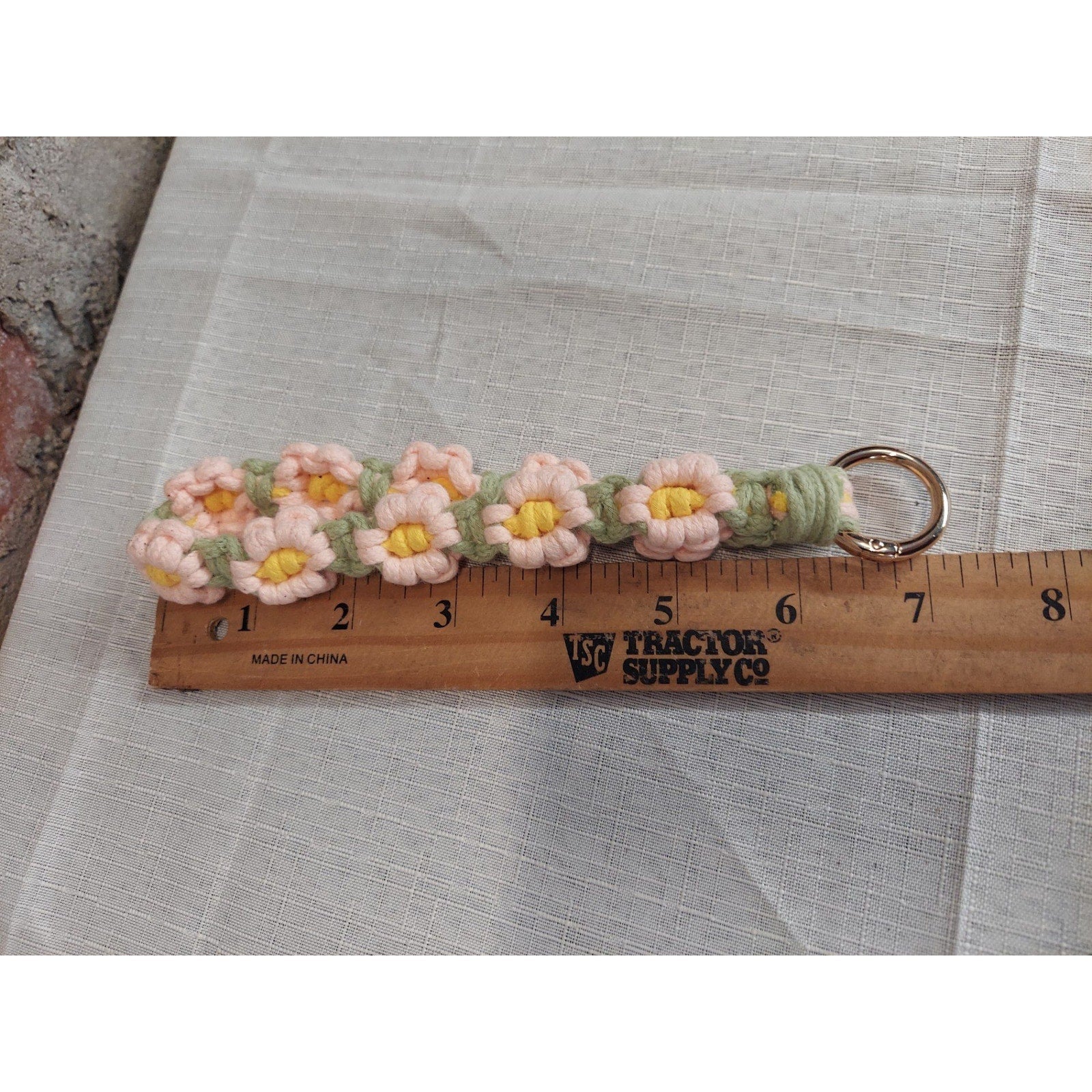 Macrame Flower Daisy Keychain Wristlet Lanyard Handmade Bag Charm Pink Green