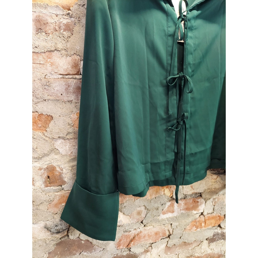 Womens XL Blouse Emerald Green Tie Front Long Sleeve Collared Shirt Polyester