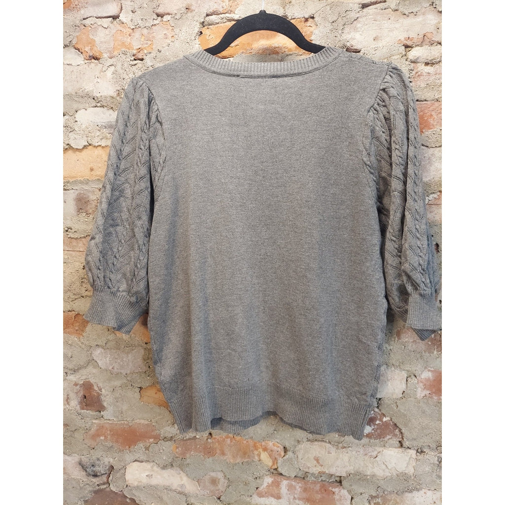 ZAC & RACHEL Womens Sweater L Gray Cable Knit 3/4 Puff Sleeve Pullover Crew Neck