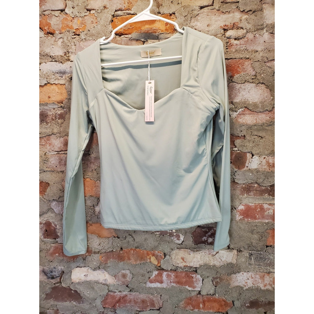 Curvy Womens Long Sleeve Top L Sage Green Square Neck Nylon Elastane Stretchy