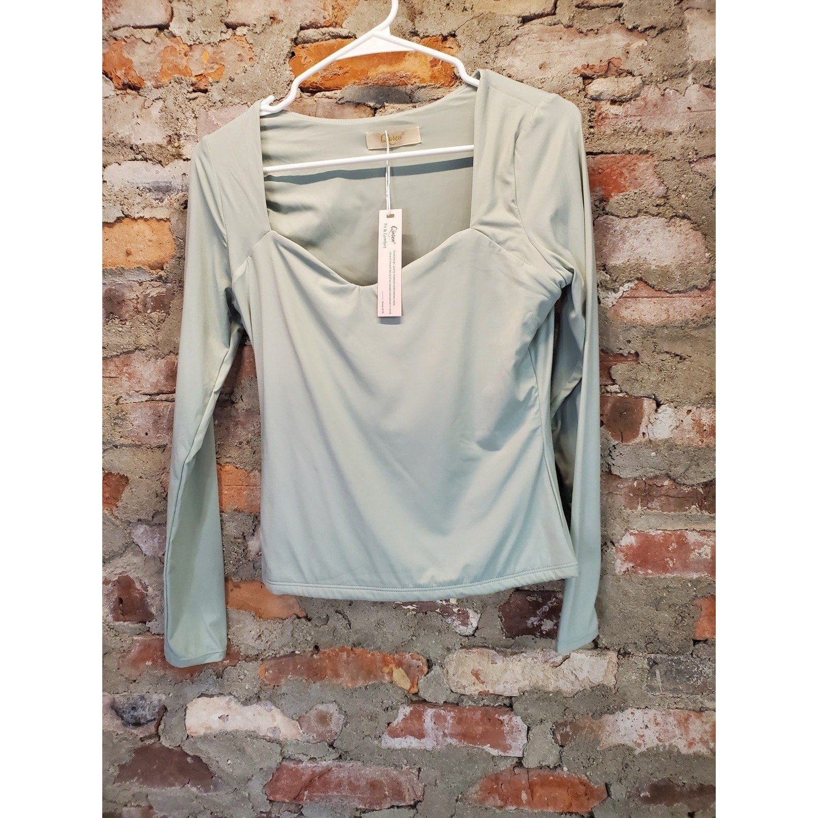 Curvy Womens Long Sleeve Top L Sage Green Square Neck Nylon Elastane Stretchy