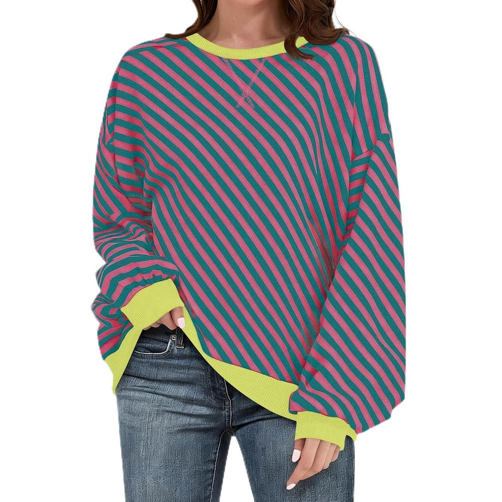 UEU Womens Oversized Sweatshirt L Large Pink Teal Striped Neon Yellow New