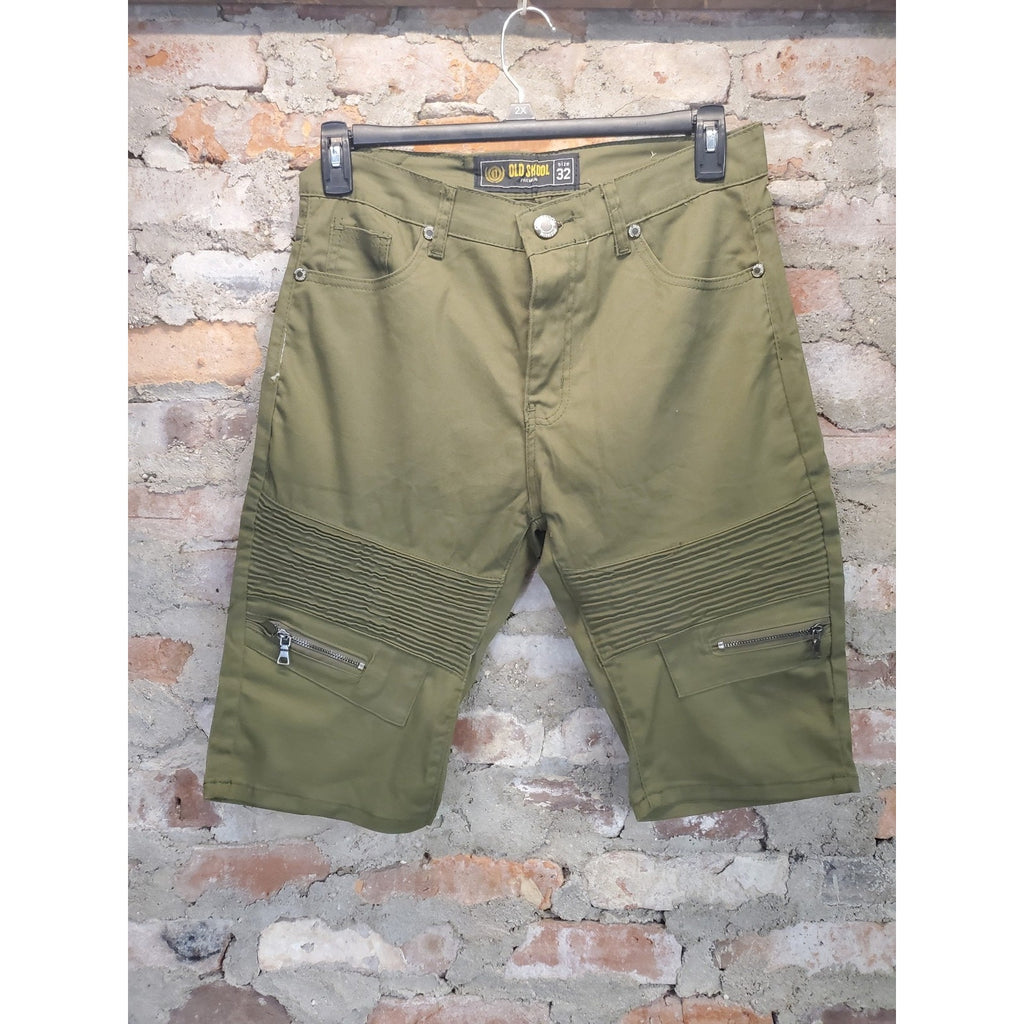 OLD SKOOL PREMIUM Mens Shorts Size 32 Olive Green Moto Style Zipper Pockets