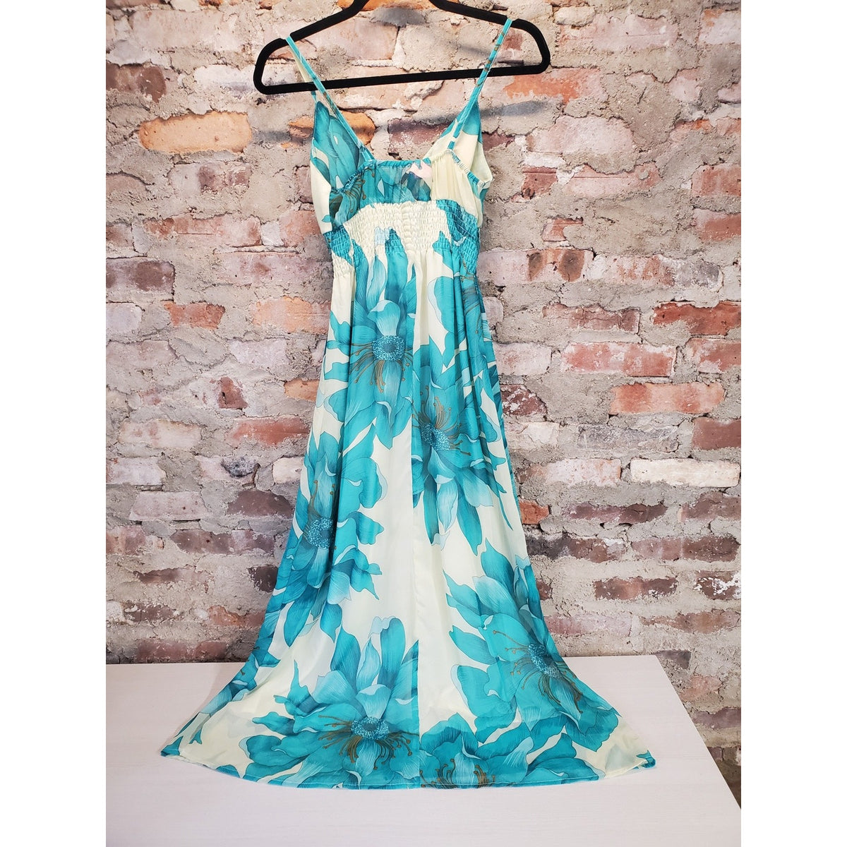 SHEESHOO Womens Dress S Small Cream Teal Floral Smocked Bodice Spaghetti Strap