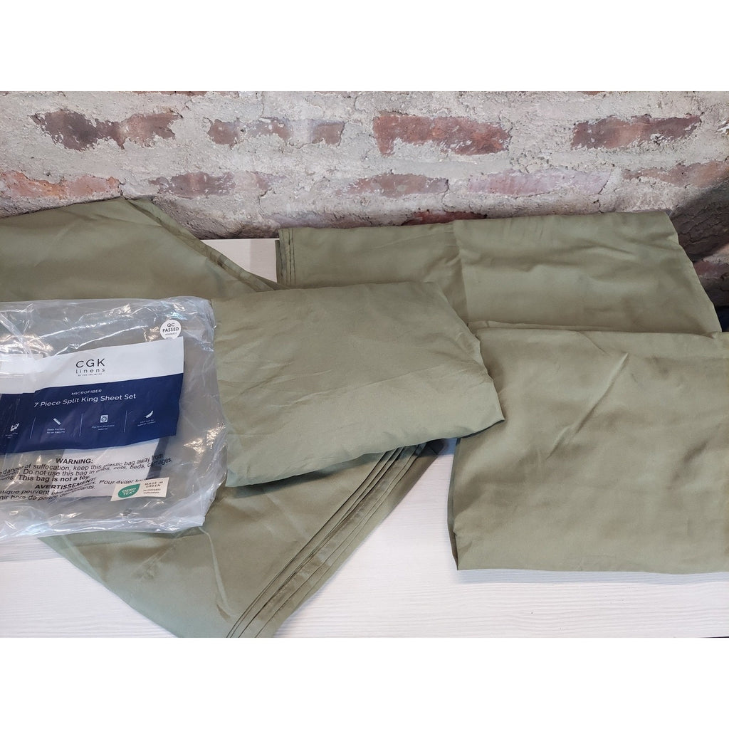 CGK Linens Split King Sheet Set 7 Piece Microfiber Ultra Soft Deep Pocket Olive