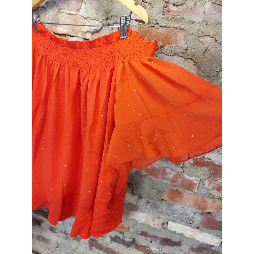 SCOMCHIC Womens Off Shoulder Blouse 3XL Orange Smocked Neck Flutter Sleeve