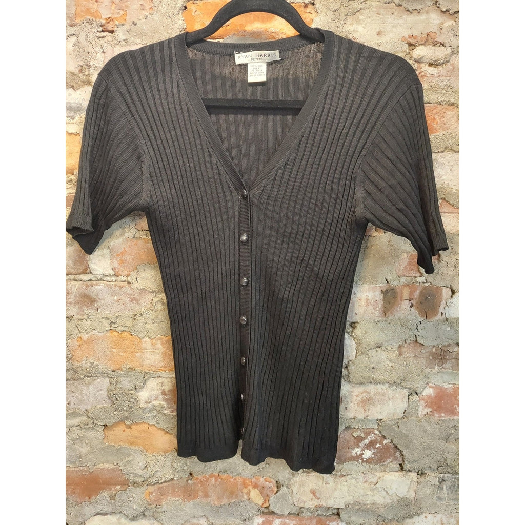 RYAN HARRIS PETITE Womens Black Silk Ribbed Knit Cardigan V Neck Short Sleeve P